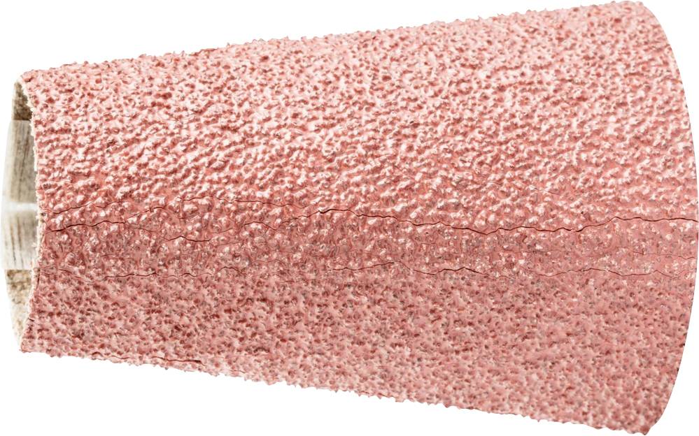 Nahaufnahme eines rot strukturierten Schleifkegels zur Holzbearbeitung.