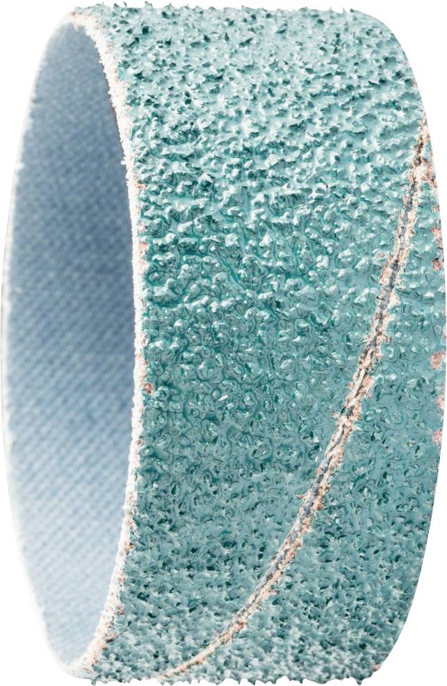 Ein hellblaues Schleifband, zylindrische Form mit rauer Textur. Verwendet für Schleifarbeiten in Handwerk und Industrie.