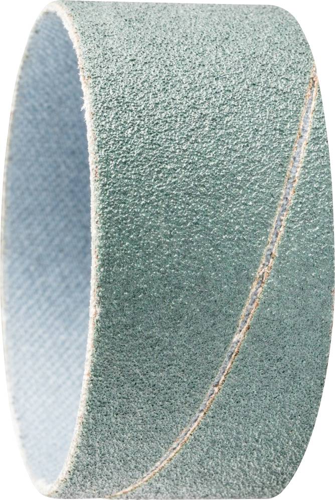 Schleifband in zylindrischer Form, aus grauem Schleifpapier mit blauer Innenseite, für professionelle Schleifmaschinen geeignet.