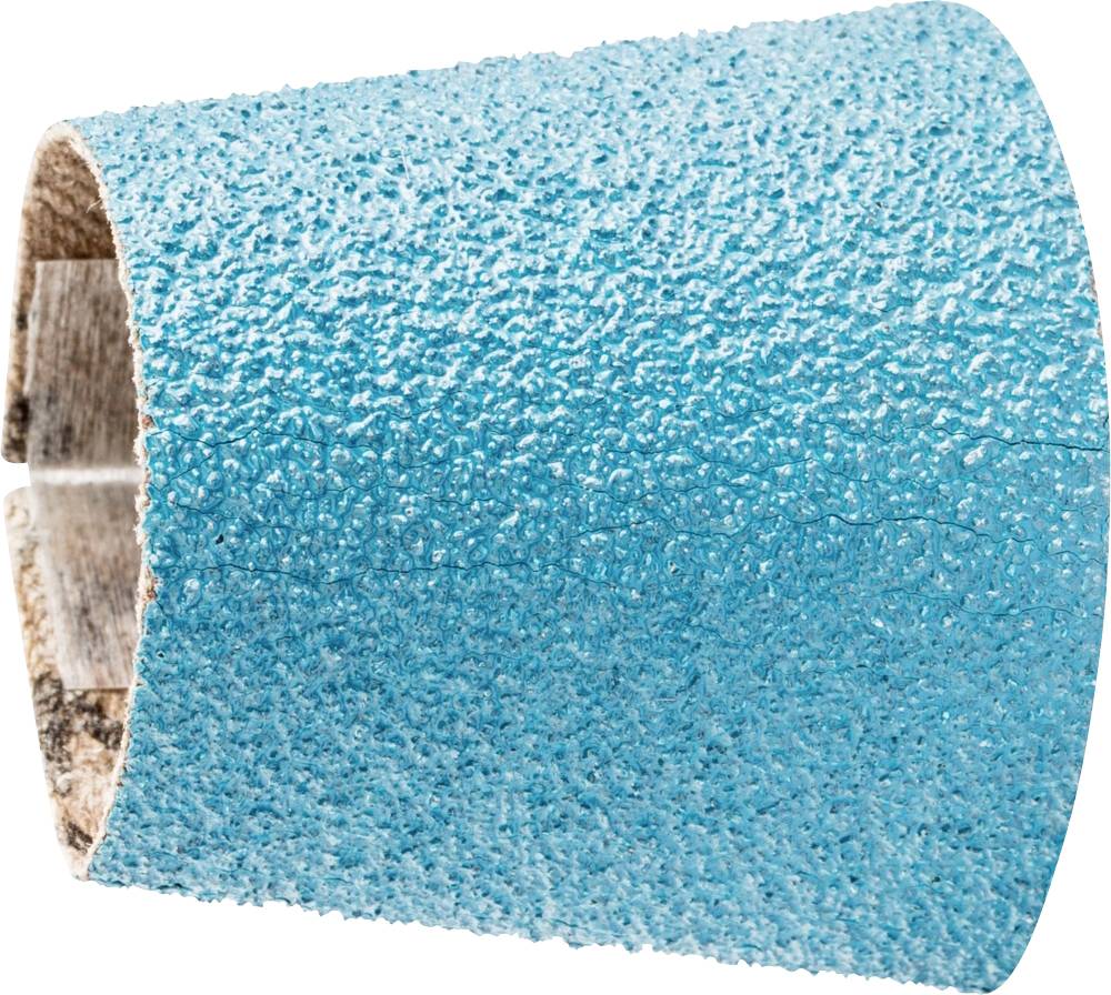 Blauer Schleifaufsatz in kegelartiger Form, zeigt die raue Textur des Schleifpapiers, geeignet für feine Schleifarbeiten.