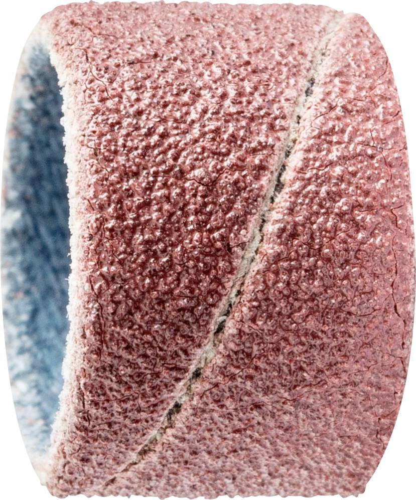Ein rot-braunes Schleifband, oft für Schleifarbeiten auf zylindrischen Schleifern verwendet, zeigt eine raue, sandpapierartige Oberfläche.