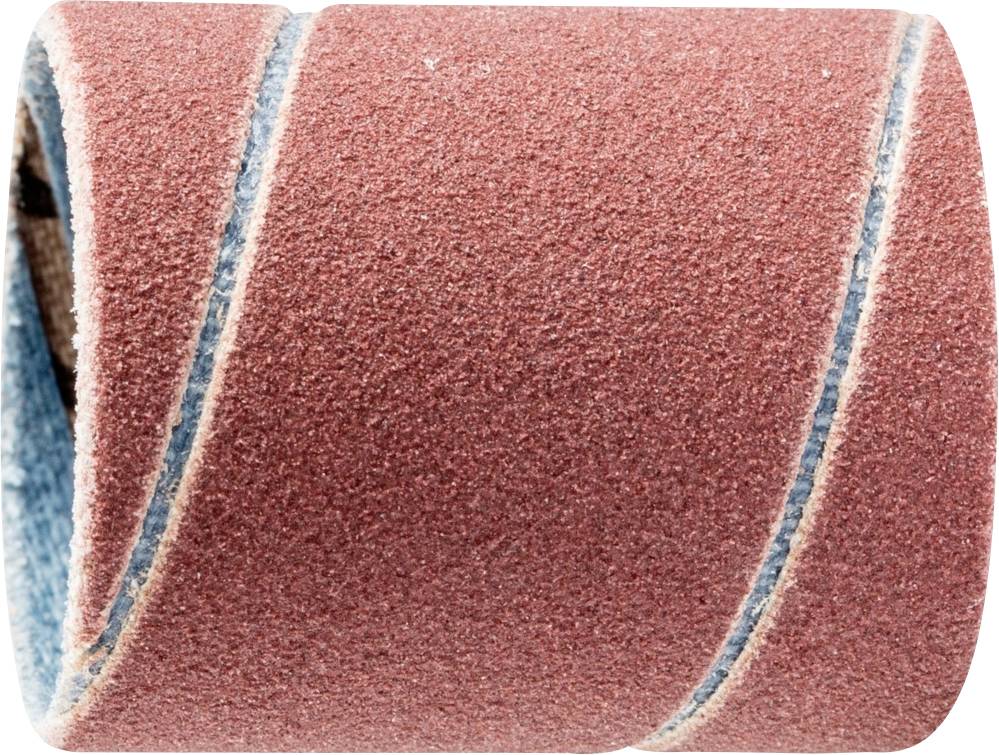 Ein Schleifband, zylinderförmig, aus sandpapierartigem Material, hauptsächlich rot mit blauen Streifen, für Schleifmaschinen.