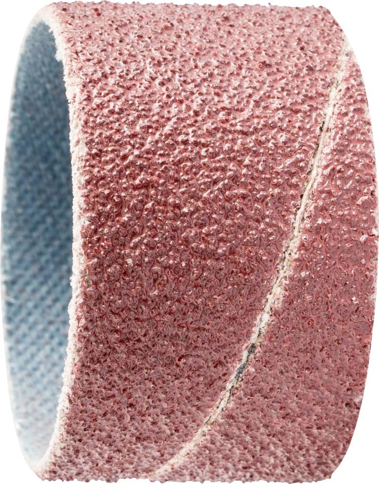 Ein rosa Schleifband mit grober Oberfläche, das für Maschinen zur Holz- oder Metallbearbeitung verwendet wird.