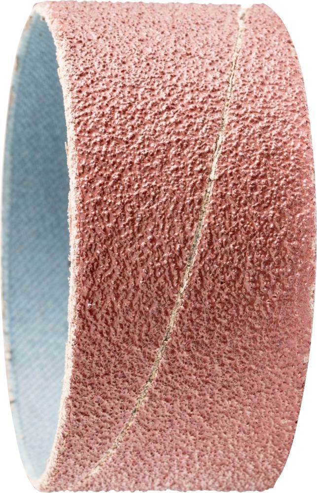Ein rot-blaues Schleifband, zylindrisch, mit grober Textur, verwendet zum Schleifen oder Glätten von Oberflächen in handwerklichen Arbeiten.