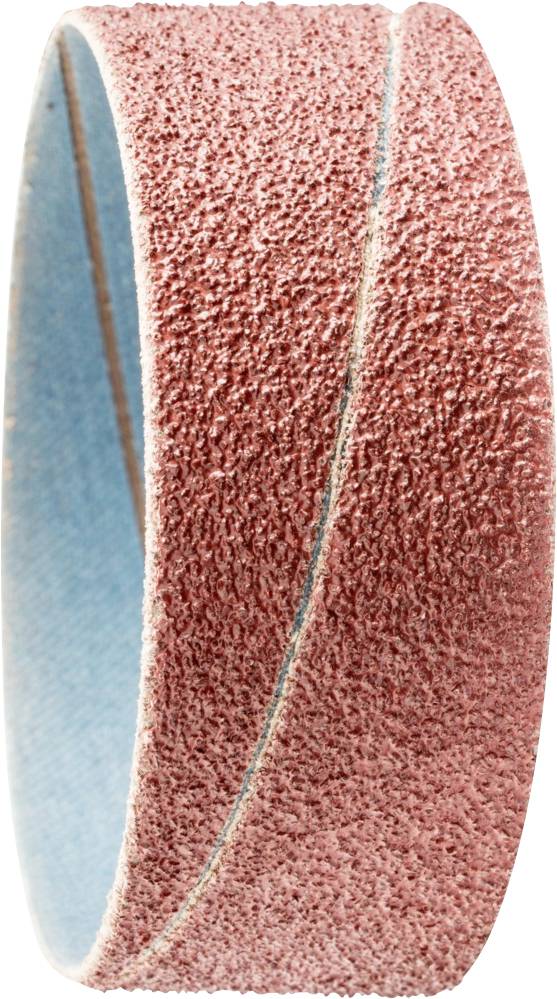 Eine rotbraune Schleifbandrolle mit klarer Textur und blauer Innenseite, geeignet für Schleifarbeiten auf Holz oder Metall.