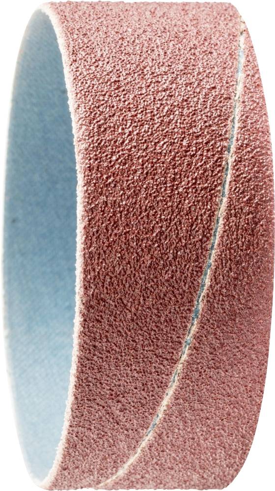 Ein braunes Schleifband in zylindrischer Form, innen blau gefärbt, zum Schleifen verschiedener Materialien geeignet.