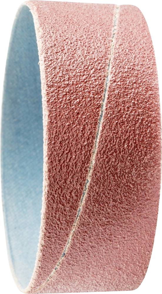 Ein rot-blaues Schleifband in Zylinderform, die rote Außenseite rau und texturiert, die blaue Innenseite glatt.