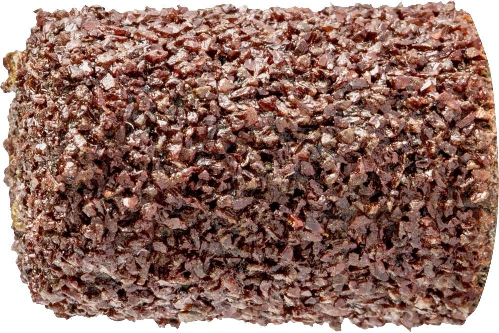 Ein zylindrisches Schleifband mit grober, rötlich-brauner Körnung, verwendet für Schleifarbeiten an Materialien.