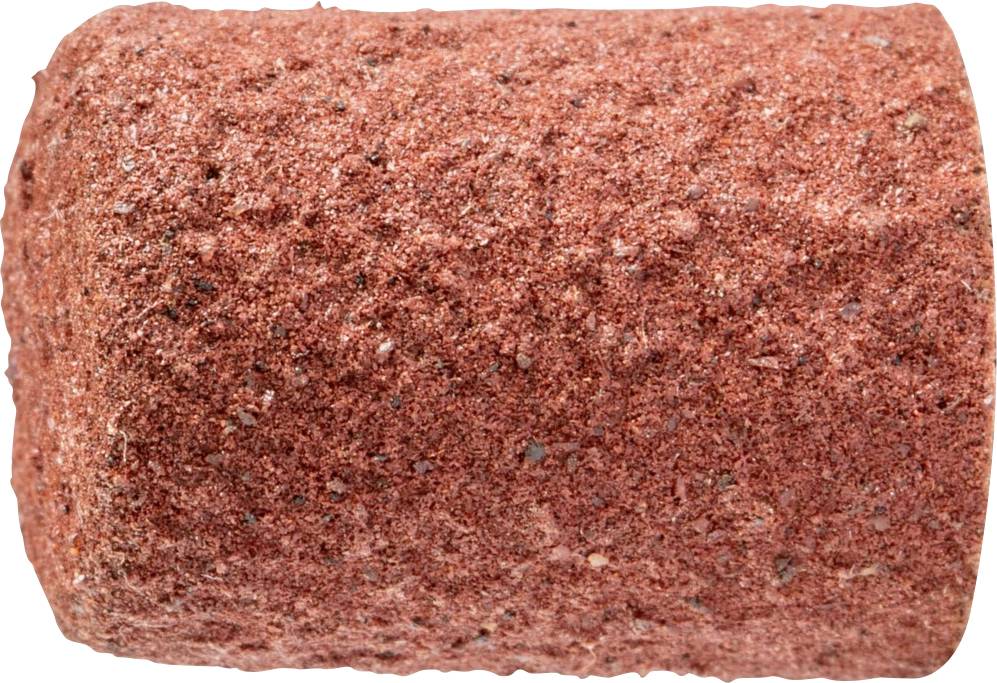 Ein runder, roter, grober Schleifaufsatz in Zylinderform für einen Dremel.