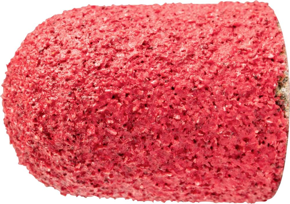 Roter, körniger Schleifaufsatz in zylinderförmiger Form, verwendet zum Polieren oder Glätten von Oberflächen in handwerklichen Arbeiten.