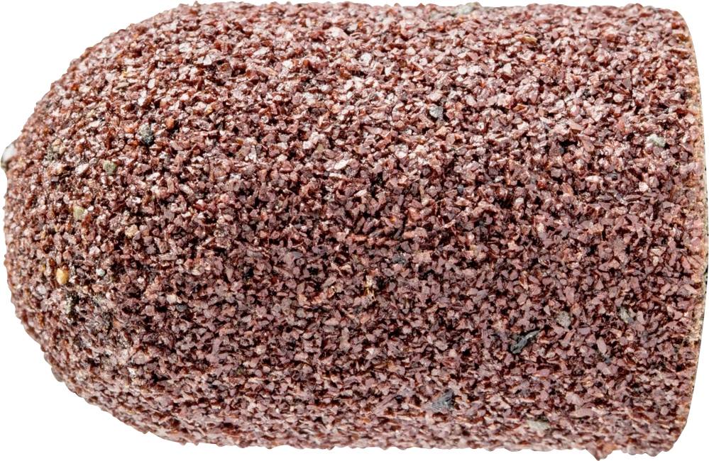 Eine rotbraune Schleifkappe, zylindrisch mit halbkugelförmiger Spitze, aus rauem Schleifmaterial. Wird meist für Oberflächenbearbeitung genutzt.