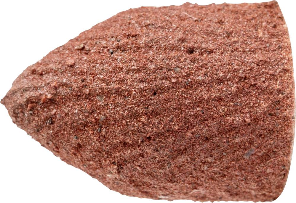 Nahaufnahme eines spitzen, roten Schleifkopfes mit rauer Oberfläche, der zur Bearbeitung von Materialien verwendet wird.