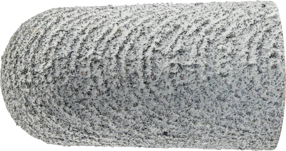 Bild eines grauen, zylinderförmigen Schleifkopfs mit rauer Oberfläche, verwendet für Präzisionsschleifen und Materialabtrag.