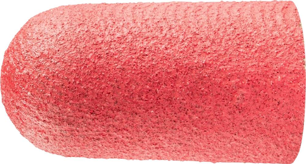 Roter Schaumstoff-Zapfen, strukturierte Oberfläche, zylindrische Form, randlose Kante, vor weißem Hintergrund.