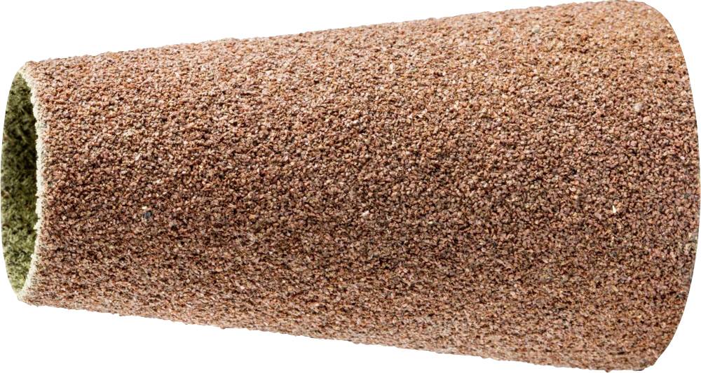Ein kegelförmiger Schleifaufsatz mit körniger Oberfläche, verwendet zum Schärfen oder Formen, auf weißem Hintergrund.