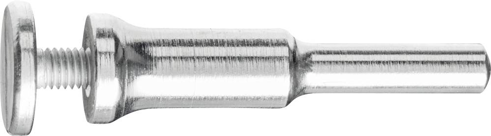 Silberner Metallstift mit flachem Kopf und Gewinde am linken Ende, zylindrische Form.