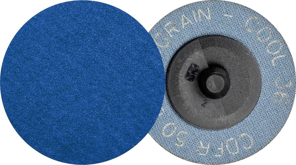 Eine blaue Schleifscheibe mit Text 'COOL 36 CDRF 50' auf der Rückseite, zeigt Vorder- und Rückseite der Scheibe.