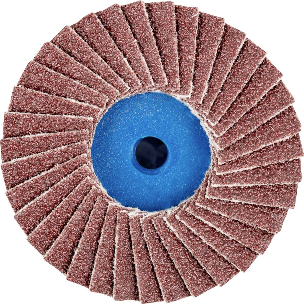 Schleifscheibe mit lamellenartiger Struktur und blauem Zentrum, verwendet zur Bearbeitung und Glättung von Materialien.