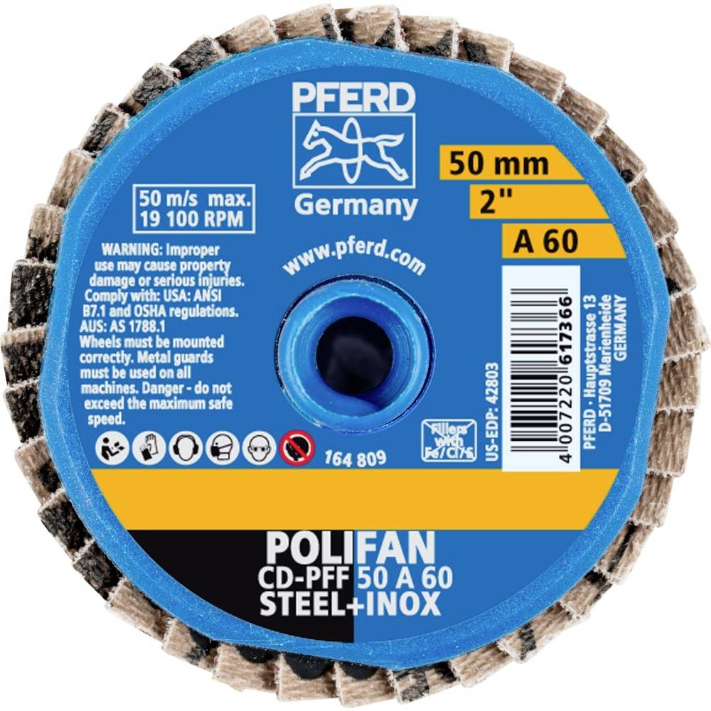 Schleifscheibe mit Durchmesser von 50 mm, Korn A 60, geeignet für Stahl und Inox, mit Warnhinweisen und Herstellerangaben 'PFERD Germany'.