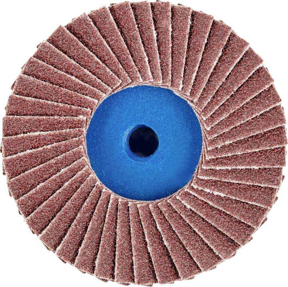 Schleifscheibe mit trapezförmigen Schleiflamellen und blauem Zentrum. Wird zum Feinschliff und zur Oberflächenbearbeitung verwendet.