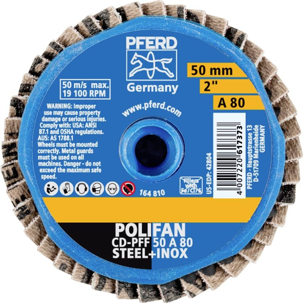 Flap Disc 'Pferd Polifan CD-PFF 50 A 80', Durchmesser 50 mm, für Stahl und Inox, max. 50 m/s Geschwindigkeit, Hersteller: Germany.