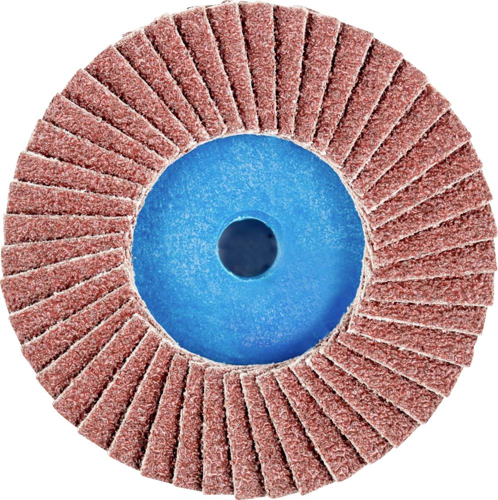 Eine runde Schleifscheibe mit roten Lamellen und blauem Kern, die für das Schleifen von Materialien verwendet wird.