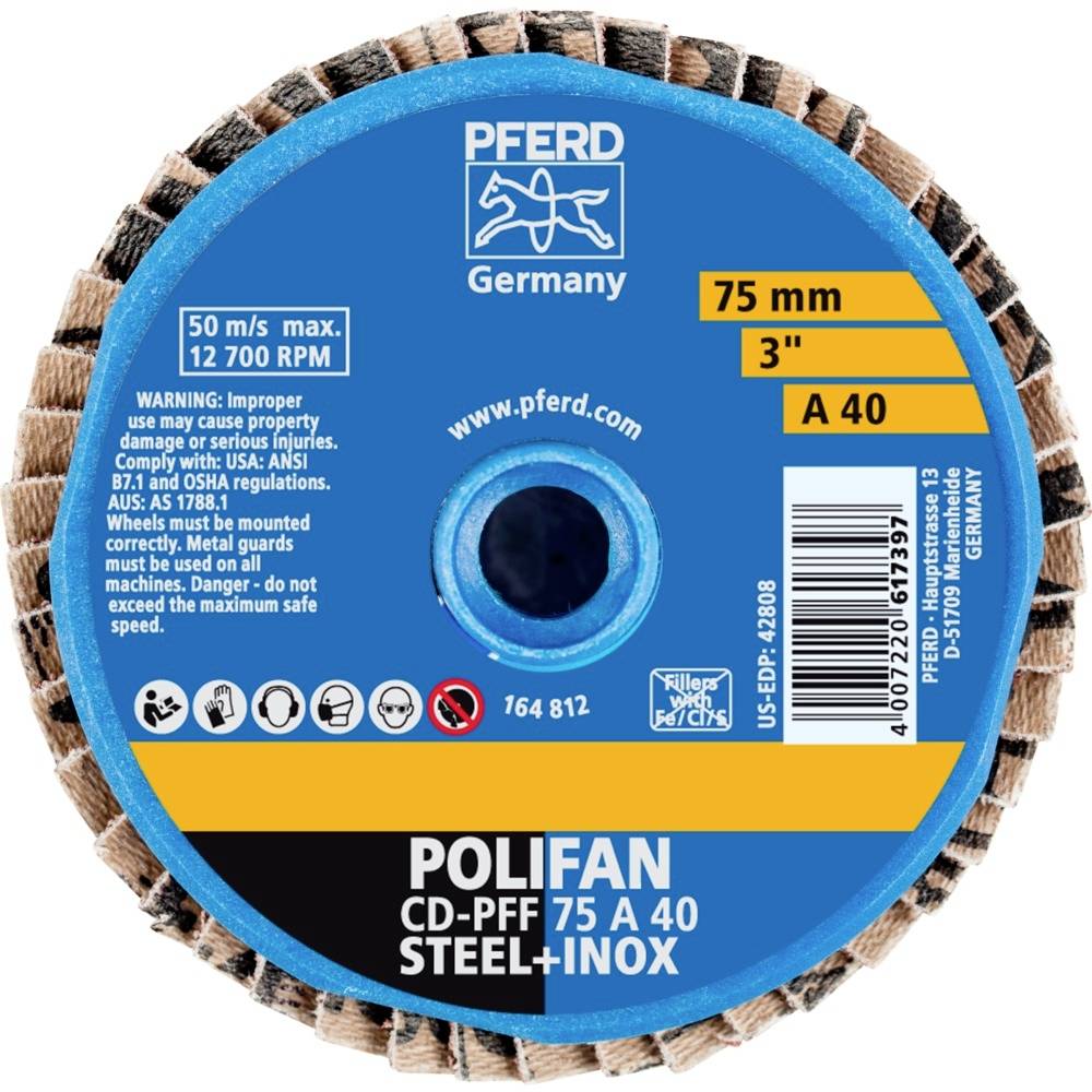 Schleifscheibe 'POLIFAN CD-PFF 75 A 40' von PFERD Germany, Durchmesser 75 mm, für Stahl und Inox, 50 m/s, 12700 U/min, Warnhinweise enthalten.