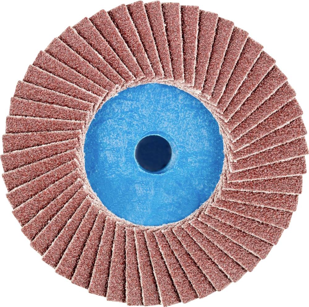Eine runde Schleifscheibe mit roten Lamellen und einem blauen Zentrum. Sie wird zum Schleifen von Materialien verwendet.