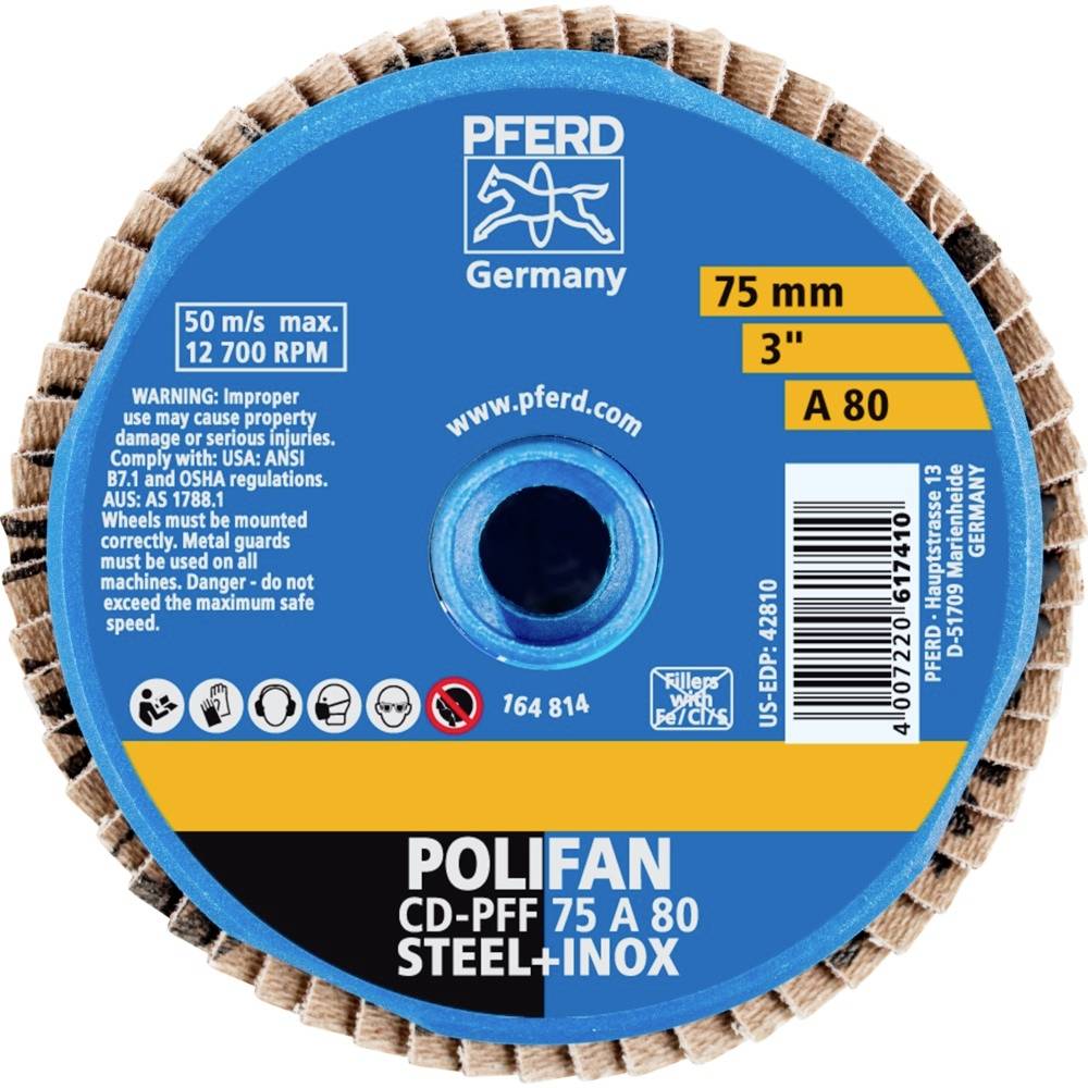 PFERD 42719208 CD PFF 75A 80 Fächerschleifscheibe Durchmesser 75mm Bronze, Titan, Titanlegierung, Kupfer, Messing, Edelstahl