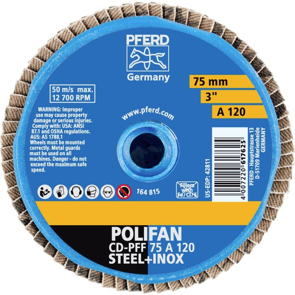 PFERD 42719212 CD PFF 75A 120 Fächerschleifscheibe Durchmesser 75mm Bronze, Titan, Titanlegierung, Kupfer, Messing, Edelstahl