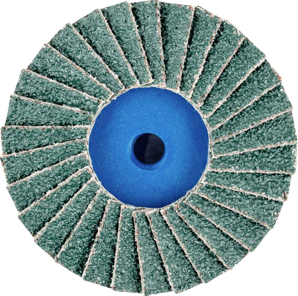 Nahaufnahme einer Schleifscheibe mit grünen Lamellen und blauem Zentrum, verwendet zum Schleifen und Polieren von Materialien.