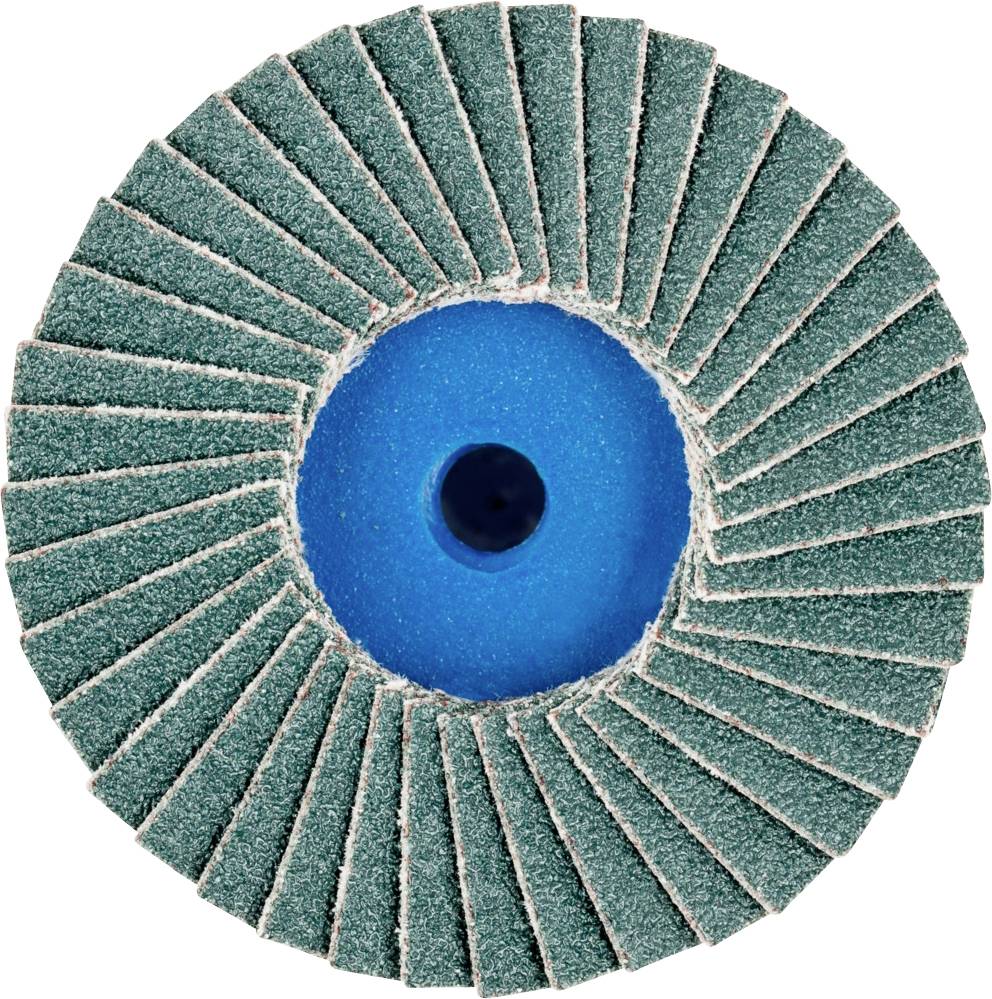 Bild eines Schleifscheibenaufsatzes mit radialen grünen Schleiflamellen und blauem Zentrum auf weißem Hintergrund.