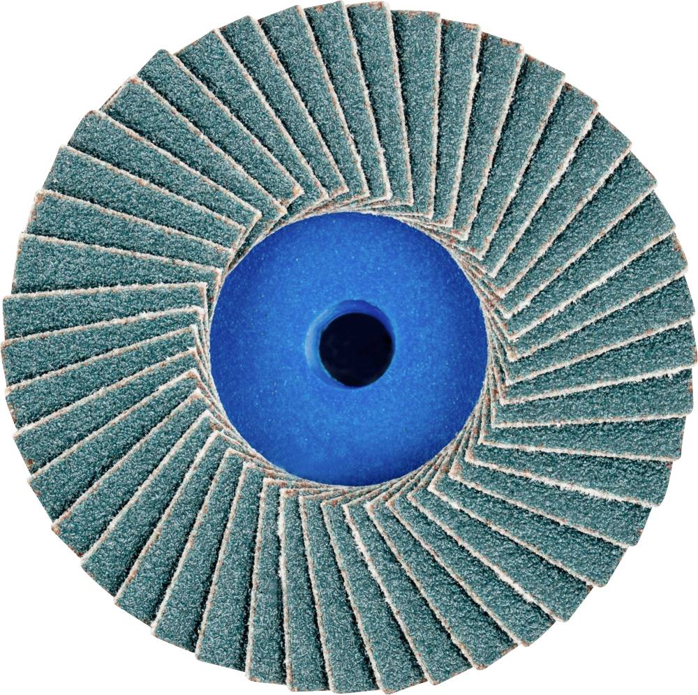 Eine blaue Lamellenscheibe mit strukturierten, fächerförmig angeordneten Schleifblättern, die sich um eine zentrale Öffnung gruppieren.