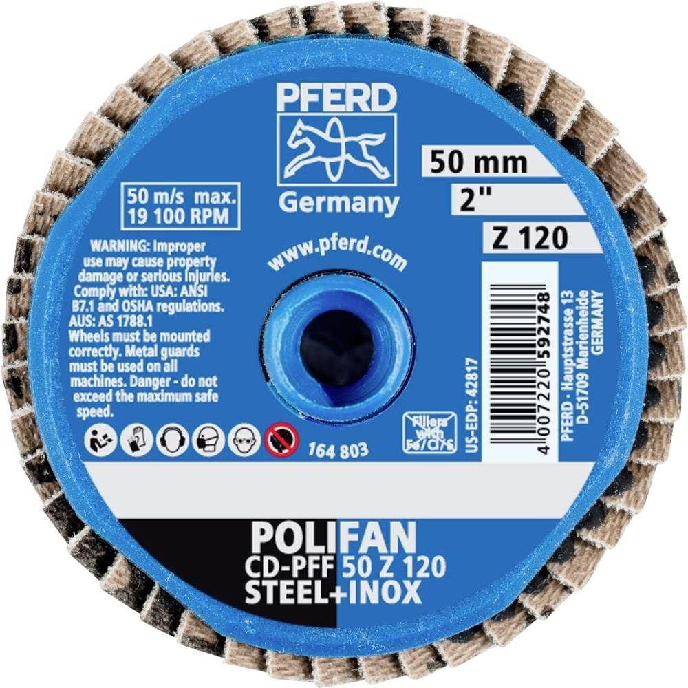 Schleifscheibe 'Polifan CD-PFF 50 Z 120' von PFERD, Durchmesser 50 mm, geeignet für Stahl und Inox, mit Produkthinweisen und Warnungen.