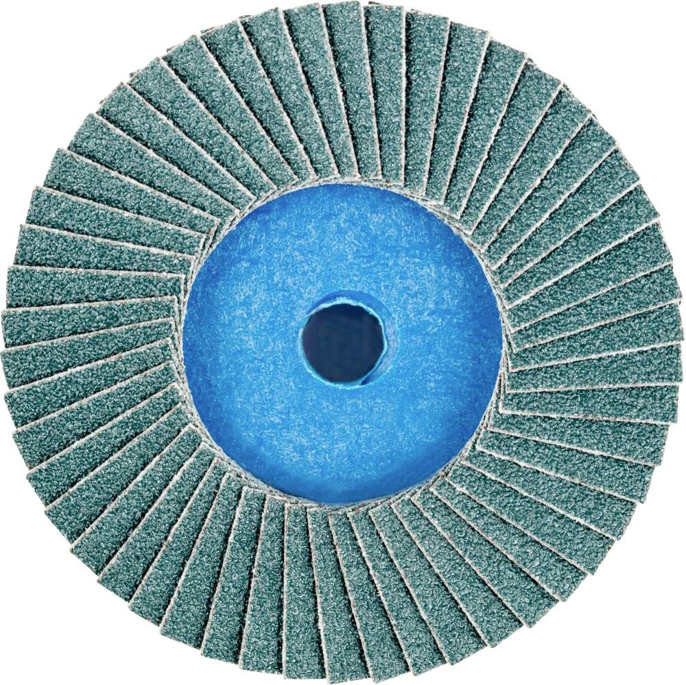 Ein Schleifscheibe mit blauen Lamellen, angeordnet in kreisförmigen Segmenten, auf weißem Hintergrund. Hauptsächlich zum Schleifen.