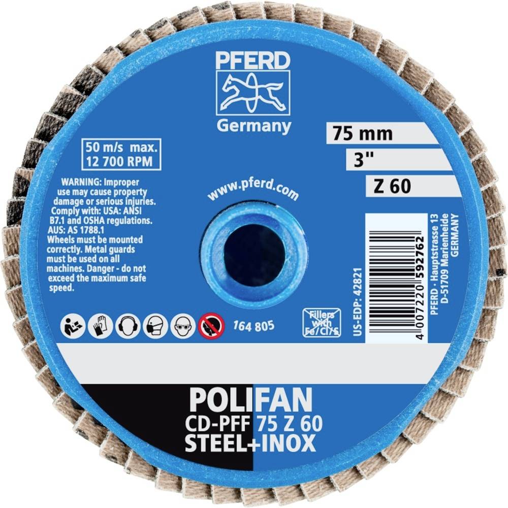 'Schleifscheibe Pferd Polifan CD-PFF 75 Z 60' für Stahl/Inox; max. 12.700 U/min; 75 mm; mit Warnhinweis zur sicheren Anwendung.