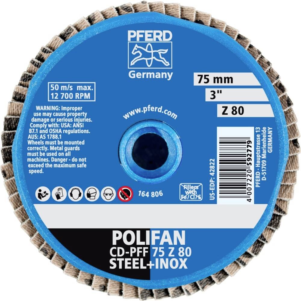 Runde Schleifscheibe von 'PFERD Germany', Durchmesser 75 mm, für Stahl und Inox. Warnhinweise und Normen auf der Vorderseite.