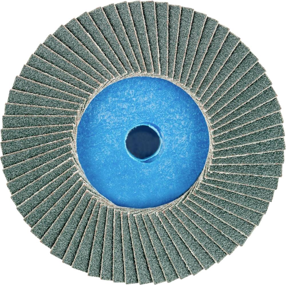 Lamellenschleifscheibe in kreisförmiger Anordnung mit blauen und grünen Streifen; zentraler blauer Kern.