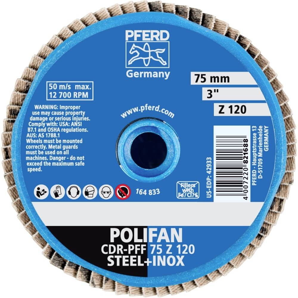 PFERD 42719712 CD PFF 75 Z 120 Fächerschleifscheibe Durchmesser 75mm Kobaltbasislegierung, Bronze, Titan, Kupfer, Messing