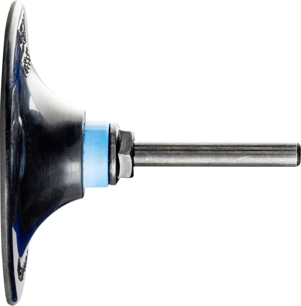 Nahaufnahme einer Schleifscheibe mit metallischer Achse. Die Scheibe hat eine blaue Umrandung und eine schwarze konkave Oberfläche.