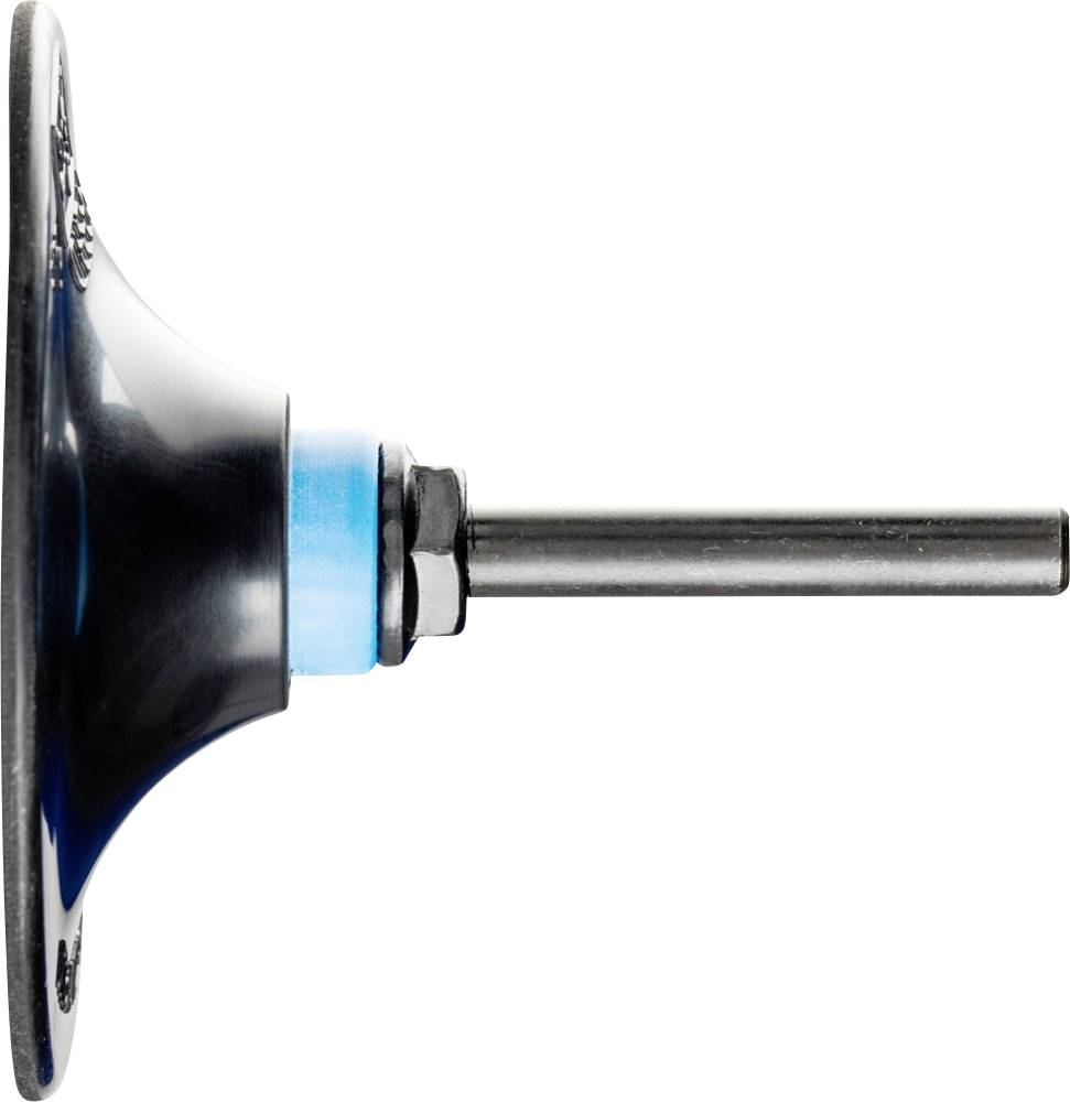 Seitliche Ansicht eines schwarzen Metallventils mit blauem Dichtungselement und langem Metallstift.