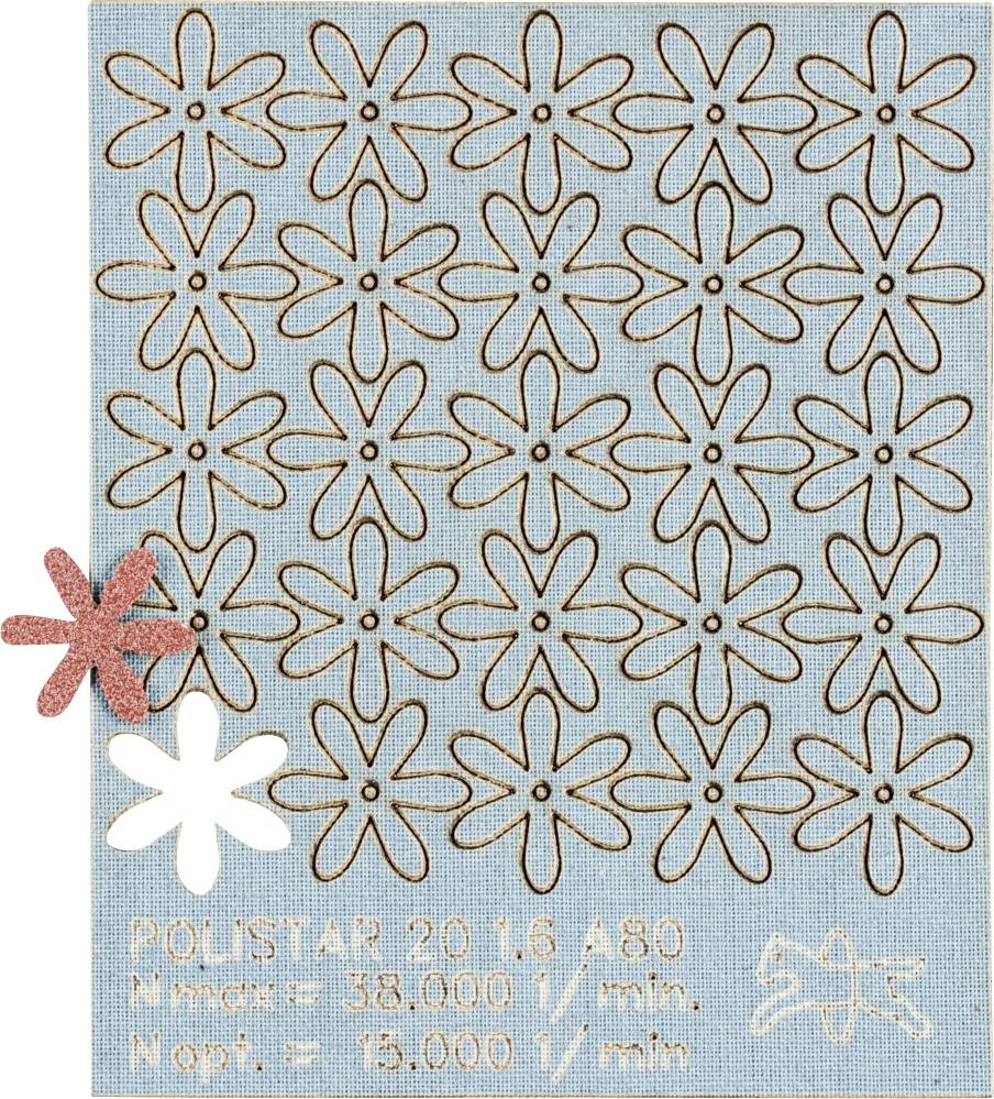 Eine Reihe von blumenförmigen Schleifblättern auf blauem Hintergrund. Unten stehen technische Spezifikationen zur Drehzahl und Körnung.