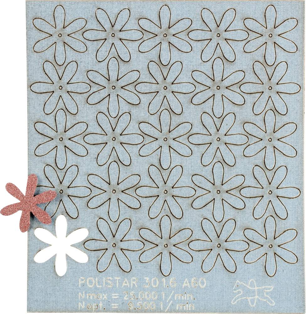 Ein blaues Blatt mit ausgestanzten Blumenmustern aus Schleifpapier. Drei Blumen sind deutlich hervorgehoben: eine rote, eine weiße, eine rosa. Darunter 'POLISTAR 3016 A60'.