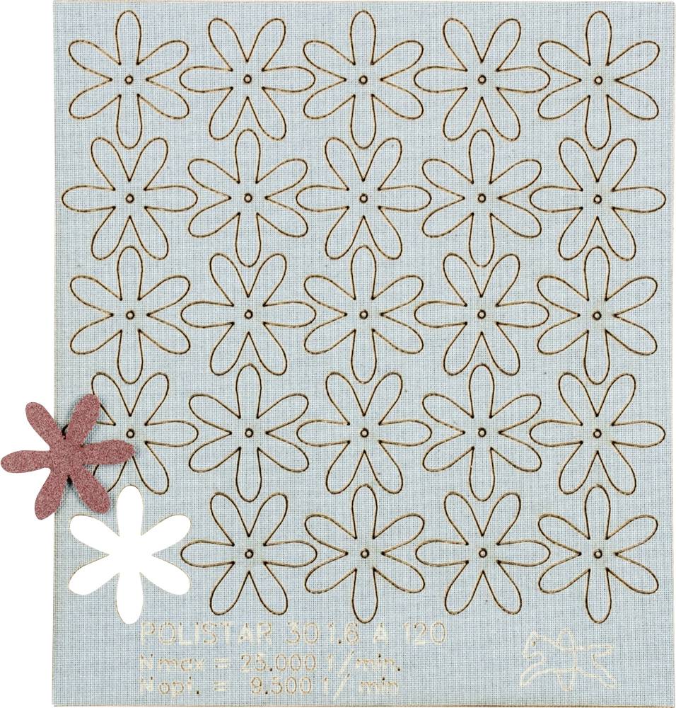 Rechteckiges Schleifschleifpapier mit sternförmigen Ausstanzungen. Zwei Blumenformen, eine rot, eine weiß, sind darauf platziert.