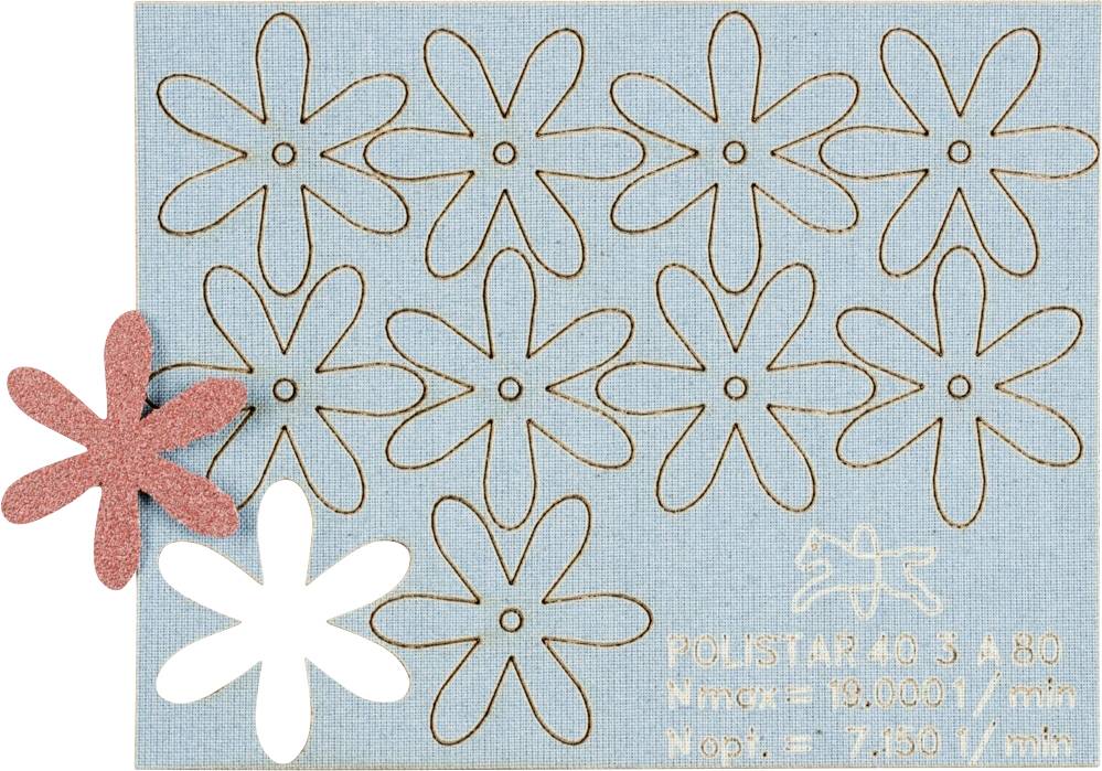 Blaues Papier mit sternförmigen Blumenmustern gestanzt. Roter und weißer Stoffsticker auf der linken Seite. Text: 'POLISTAR 40 5 A80'.