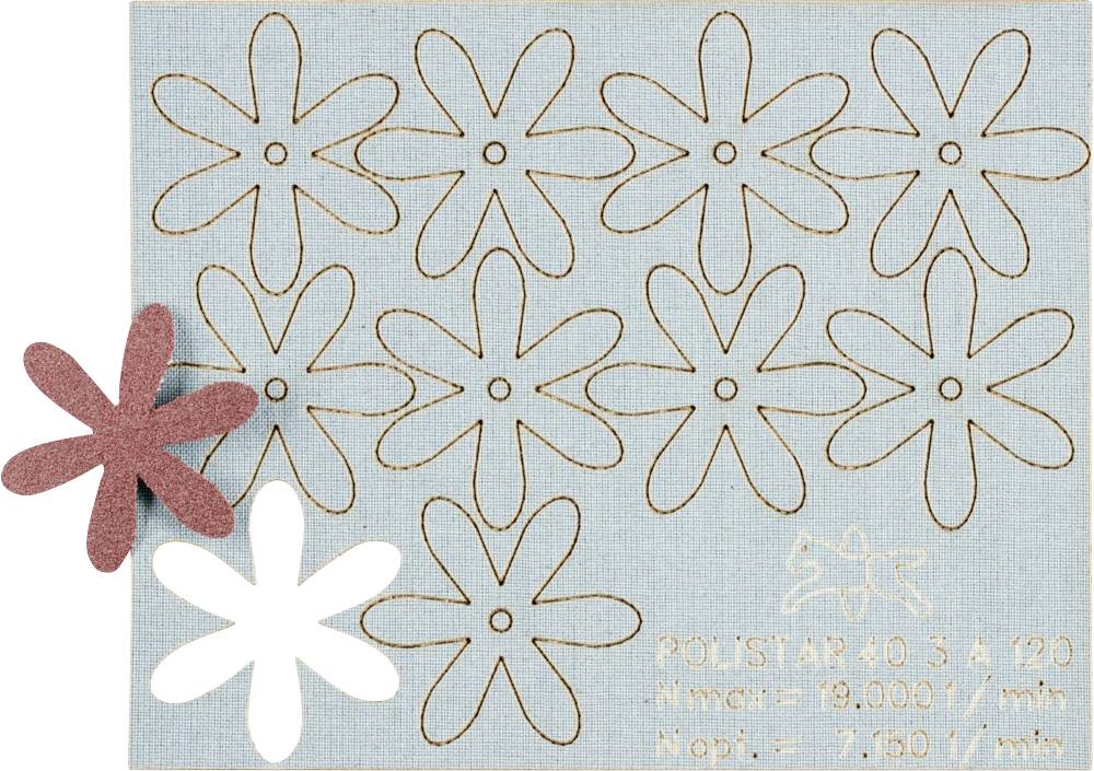Blatt mit ausgestanzten Blumenmustern. Eine rote und eine weiße Blume sind hervorgehoben. Rechts unten technische Spezifikationen.