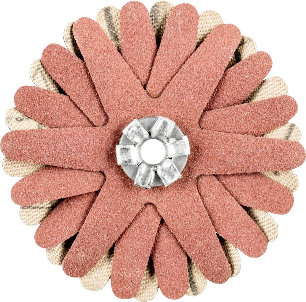 Ein Schleifaufsatz mit radial angeordneten, schuppenartigen Schleifblättern. Zentraler Befestigungsring in der Mitte.
