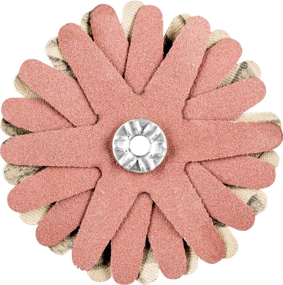 Ein rotes, blumenförmiges Schleifwerkzeug mit mehreren Blättern, das zum Polieren oder Schleifen von Oberflächen verwendet wird.