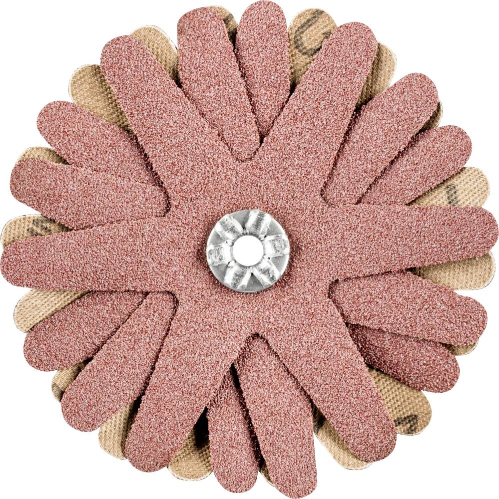 Schleifscheibe mit Blumenform aus Schleifpapier, zentraler Metallbefestigung. Wird zum Glätten von Oberflächen eingesetzt.
