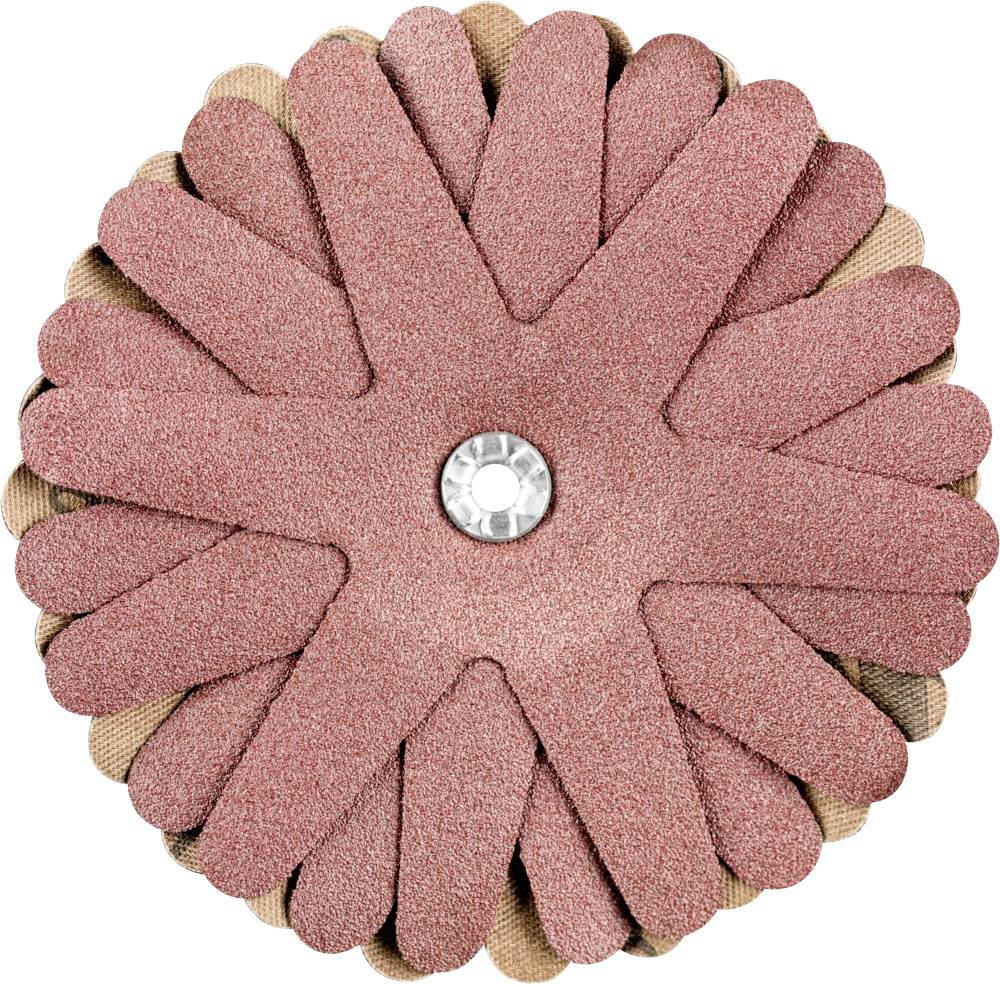 Runder Schleifaufsatz mit überlappenden rosafarbenen Schleifblättern und zentralem Befestigungselement, vermutlich für Oberflächenbearbeitung.